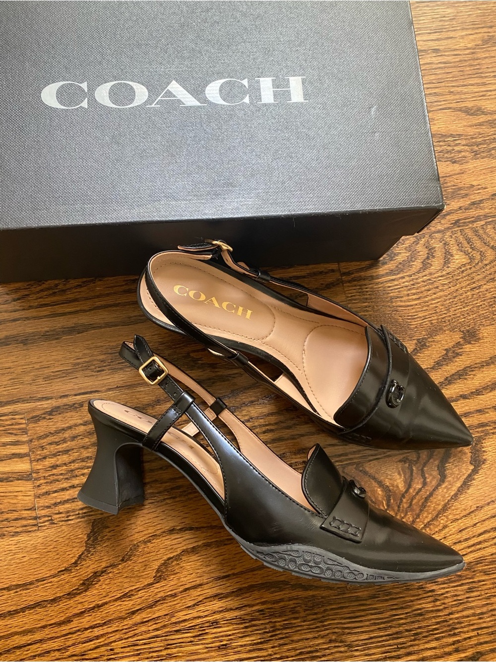 COACH Black Leather Pointed-Toe Slingback Heels with Sculpted Block Heel